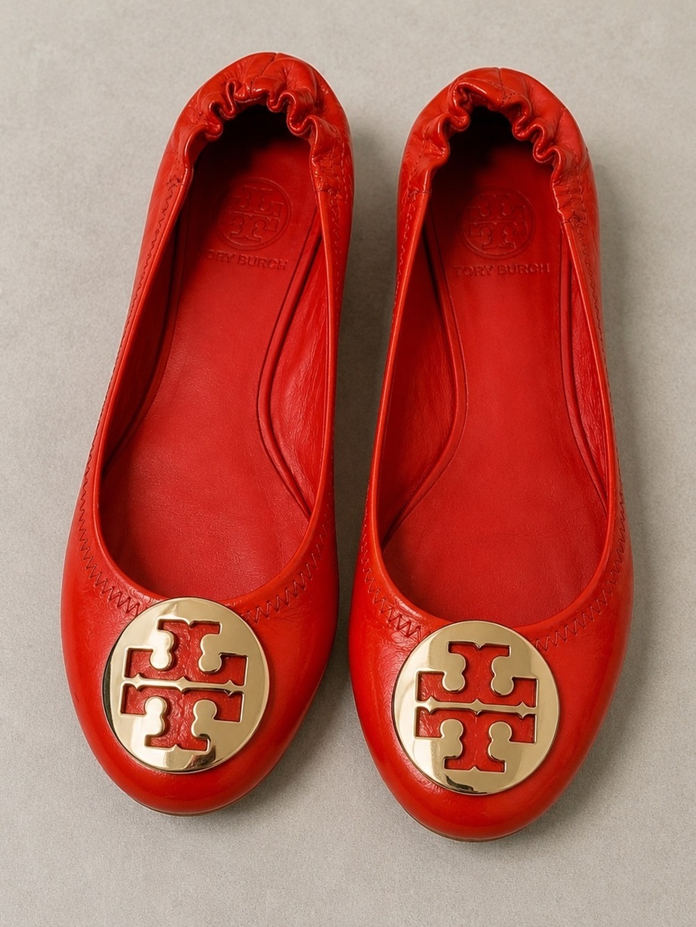 Tory Burch Red Patent Leather Minnie Travel Ballet Flats Gold Logo Women 5-5.5